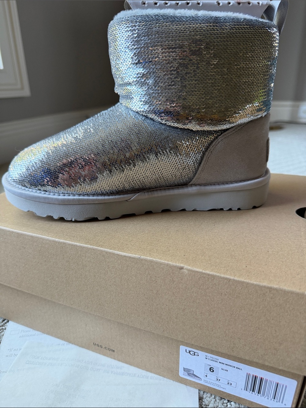 Ugg classic mini disco mirror ball sequin silver grey suede boots size 6 new box